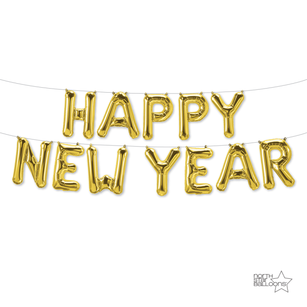30cm Happy New Year Gold Airfilled Foil Balloons on Gold Ribbon - Does Not Float