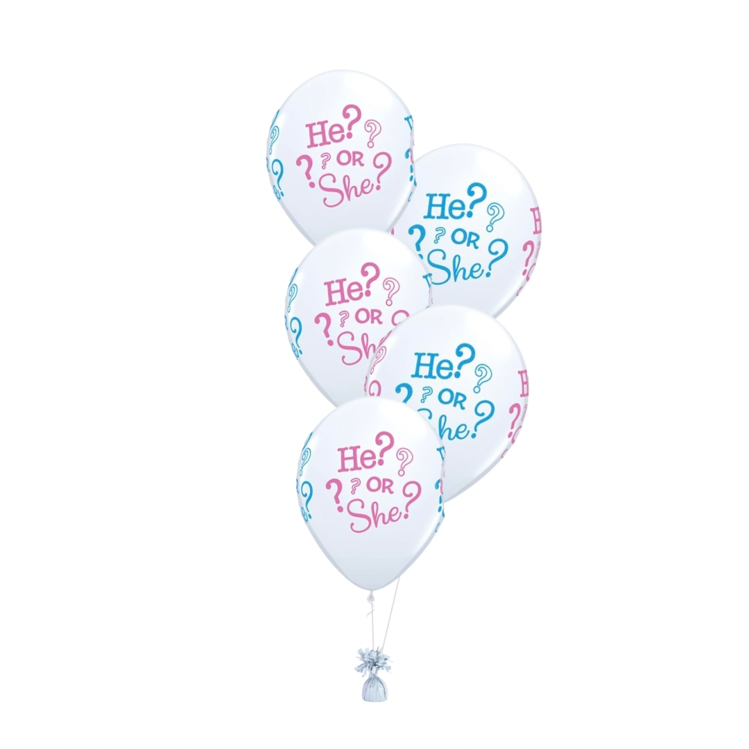 He or She Gender Reveal Arrangement of 5 Helium Balloons