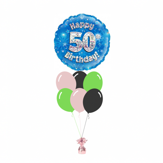 Blue 50th Birthday Foil Balloon with 6 Plain Balloons