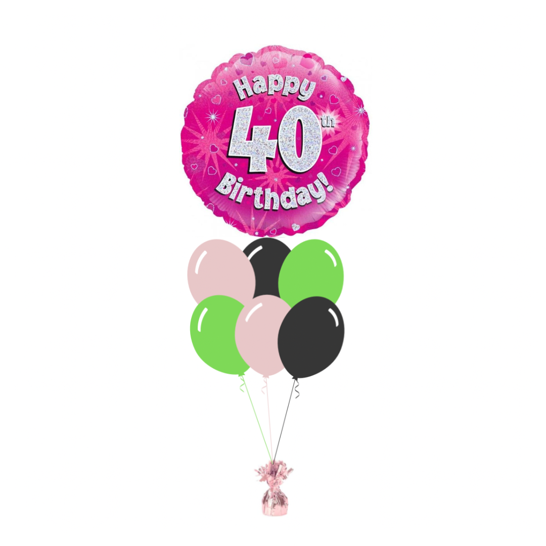 Pink 40th Birthday Foil Balloon with 6 Plain Balloons