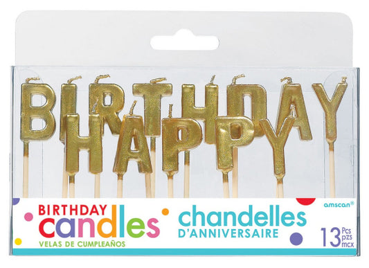 HAPPY BIRTHDAY Pick Candles - Gold with Plastic Picks