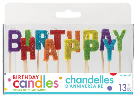 HAPPY BIRTHDAY Pick Candles - Rainbow with Plastic Picks