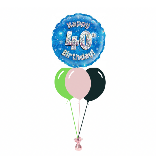 Blue 40th Birthday Foil Balloon with 3 Plain Balloons