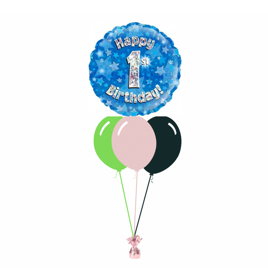 Blue 1st Birthday Foil Balloon with 3 Plain Balloons