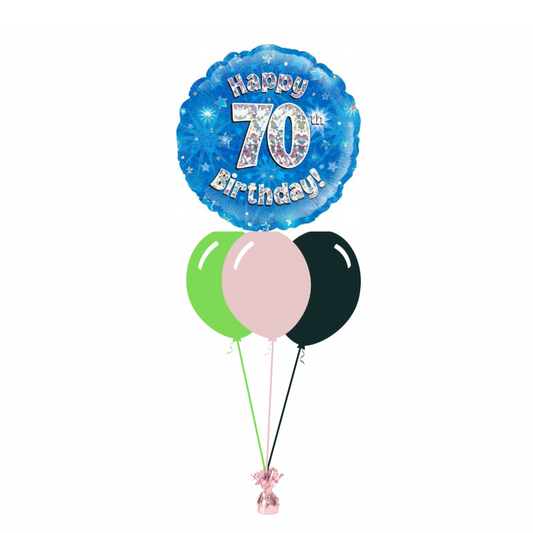 Blue 70th Birthday Foil Balloon with 3 Plain Balloons