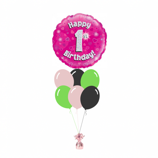 Pink 1st Birthday Foil Balloon with 6 Plain Balloons