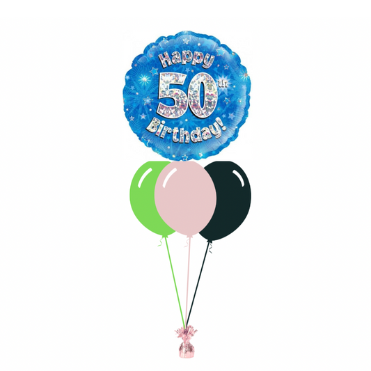 Blue 50th Birthday Foil Balloon with 3 Plain Balloons