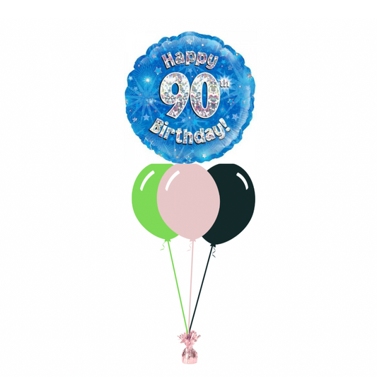 Blue 90th Birthday Foil Balloon with 3 Plain Balloons