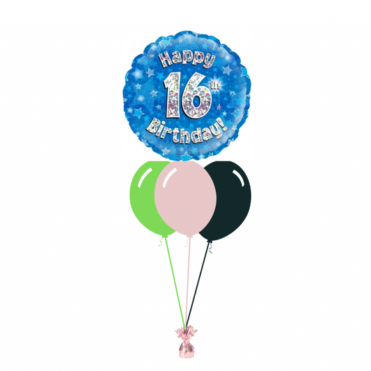 Blue 16th Birthday Foil Balloon with 3 Plain Balloons
