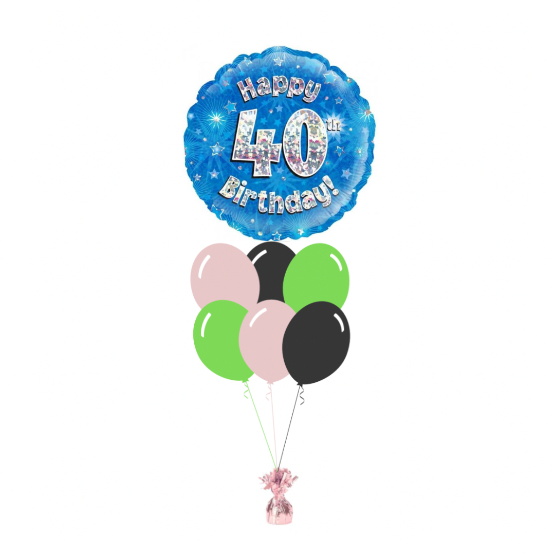 Blue 40th Birthday Foil Balloon with 6 Plain Balloons