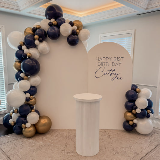 2m Ripple Arch & 1.8m Plain Backdrops with 3.5m Garland & 90cm Ripple Plinth - HIRE ONLY