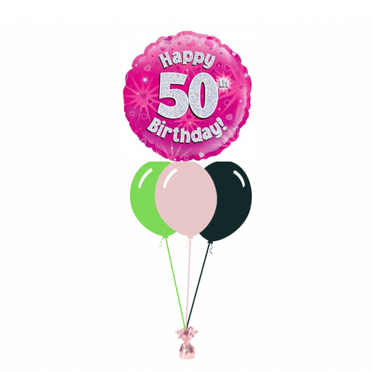 Pink 50th Birthday Foil Balloon with 3 Plain Balloons