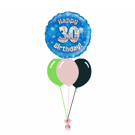 Blue 30th Birthday Foil Balloon with 3 Plain Balloons