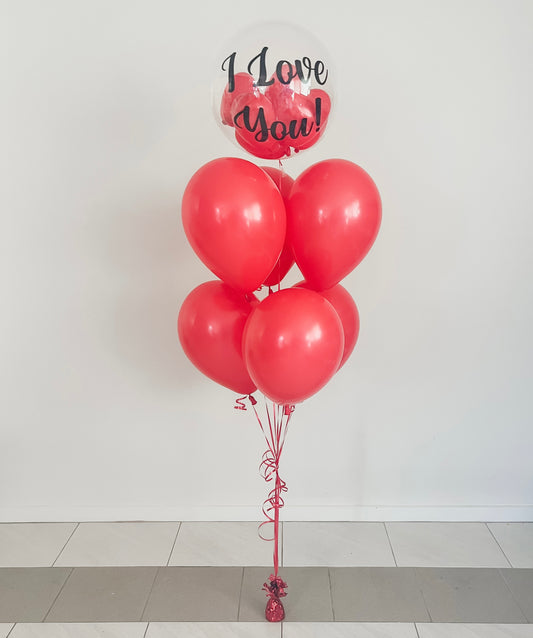 I Love You Helium Filled Bubble Balloon w/ Hearts & 6 Red Balloons