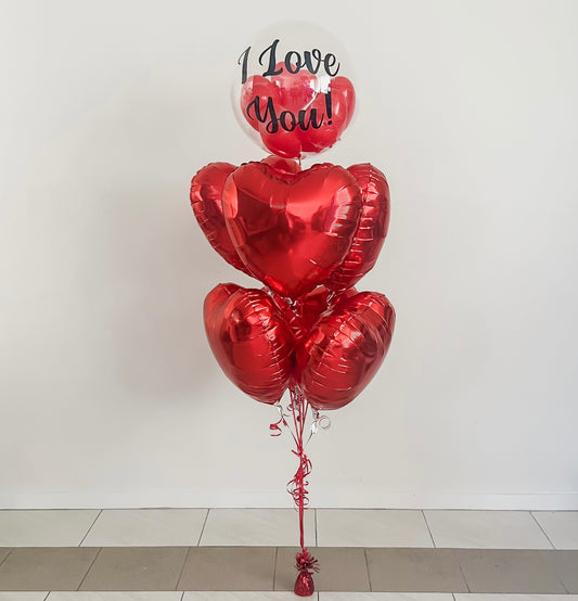 I Love You Helium Filled Bubble Balloon w/ Hearts & 6 Red Foil Hearts