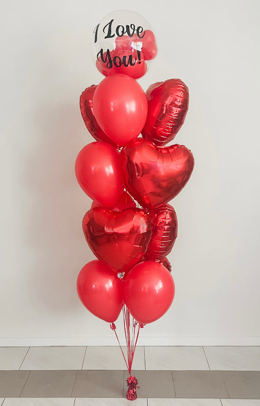 I Love You Helium Filled Bubble Balloon w/ Hearts, x6 Red Balloons & 6 Red Foil Hearts - Floor Only