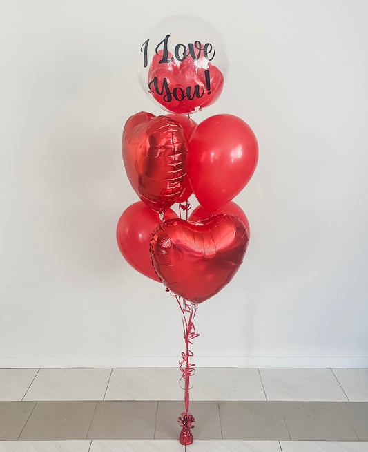 I Love You Helium Filled Bubble Balloon w/ Hearts, 4 Red Balloons, 2 Red Foil Hearts