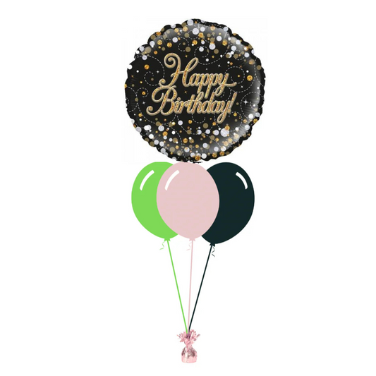 Sparkling Gold Happy Birthday with 3 Plain Helium Balloons