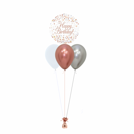 Rose Gold Happy Birthday with 3 Plain Helium Balloons