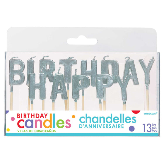 HAPPY BIRTHDAY Pick Candles - Silver with Plastic Picks