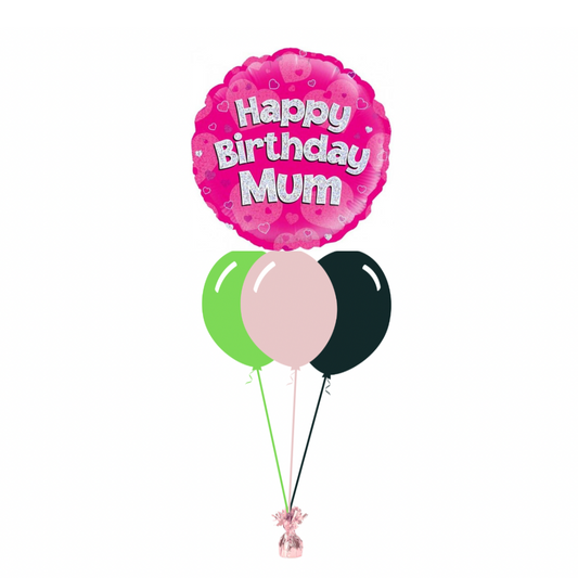 Pink Happy Birthday Mum with 3 Plain Helium Balloons