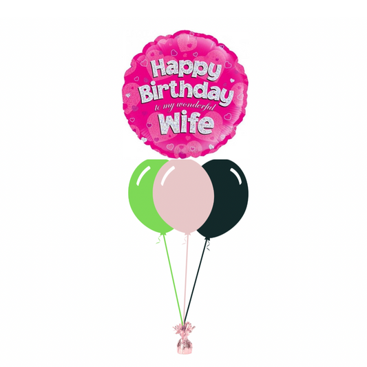 Pink Happy Birthday Wife with 3 Plain Helium Balloons