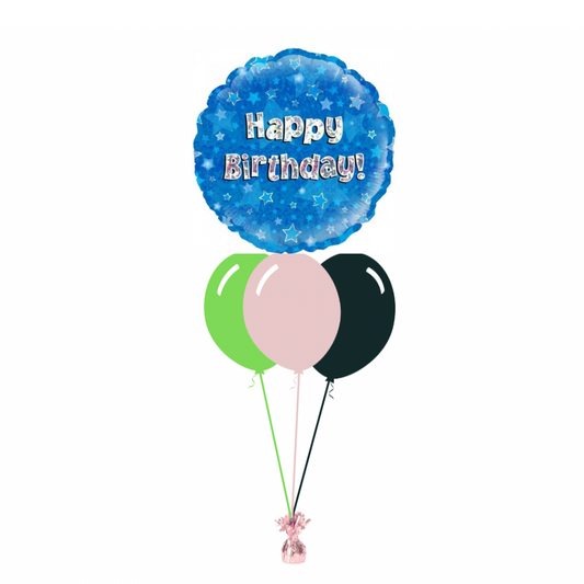Blue Happy Birthday with 3 Plain Helium Balloons