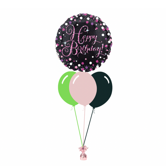 Sparkling Pink Happy Birthday with 3 Plain Helium Balloons