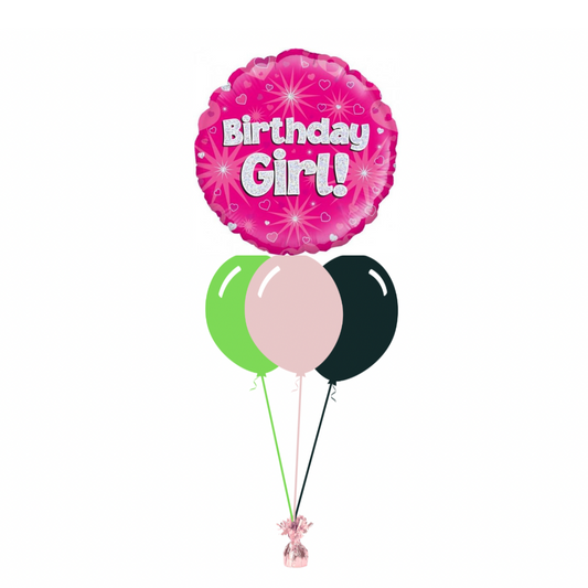 Pink Birthday Girl with 3 Plain Helium Balloons