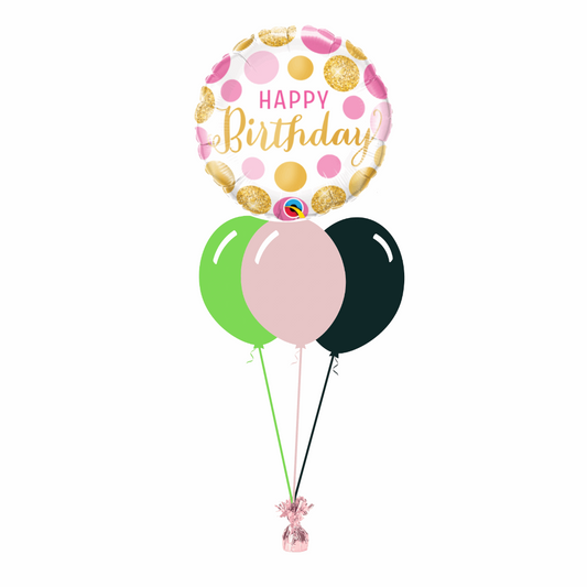 Pink & Gold Dots Happy Birthday with 3 Plain Helium Balloons